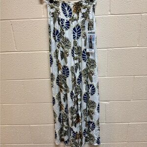 Rewash White and Blue Leaf Print Wide Leg Pants